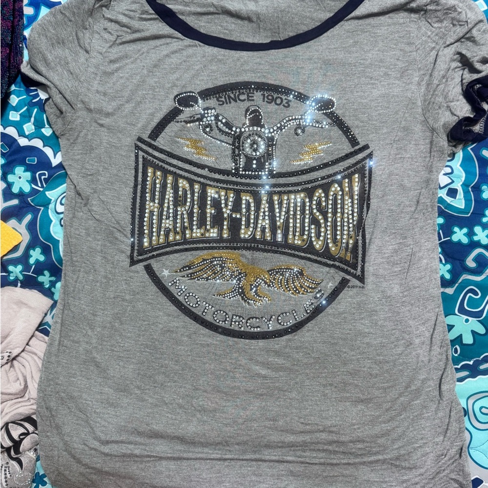 Harley-Davidson Gray Blouse with Gold and Black Accents